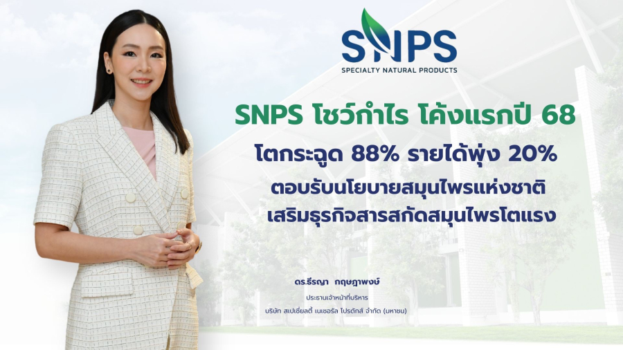 SNPS โชว์กำไร โค้งแรกปี 68 โตกระฉูด 88% รายได้พุ่ง 20% ตอบรับนโยบายสมุนไพรแห่งชาติ เสริมธุรกิจสารสกัดสมุนไพรโตแรง