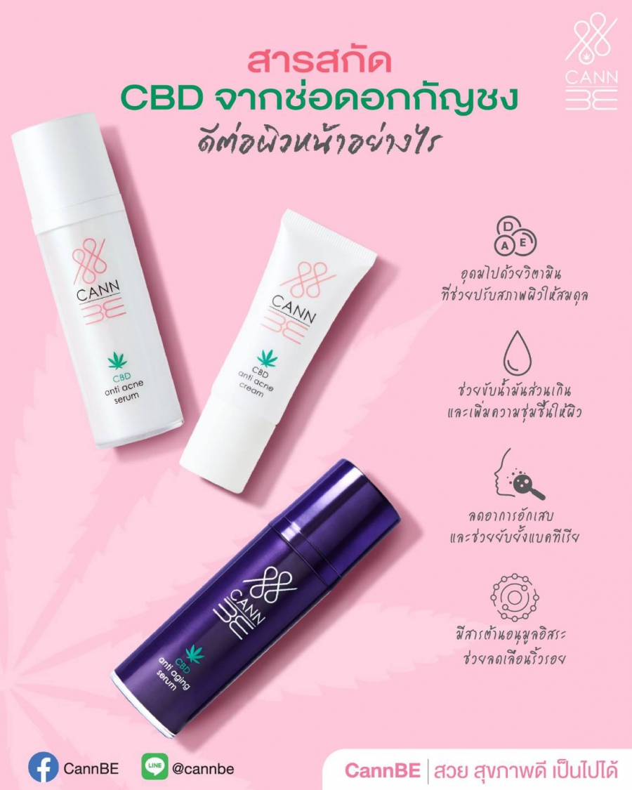 CannBE ผลิตภัณฑ์ดูแลผิวหน้า ด้วยสารสกัด CBD คุณภาพจากช่อดอกกัญชง ช่วยต่อต้านอาการอักเสบ มีสารต้านอนุมูลอิสระ ช่วยชะลอและลดเลือนริ้วรอยก่อนวัย