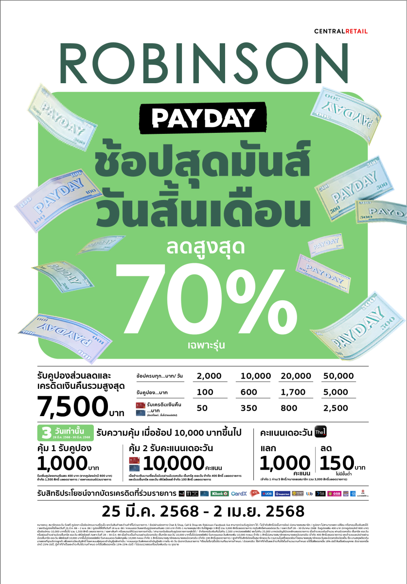 ห้างโรบินสัน ในเครือเซ็นทรัล รีเทล เปย์โปรเด็ดสิ้นเดือนรับซัมเมอร์ เสิร์ฟครอบครัวสายช้อปทั่วไทย กับแคมเปญ “ROBINSON PAYDAY” ช้อปสุดมันส์ วันสิ้นเดือน