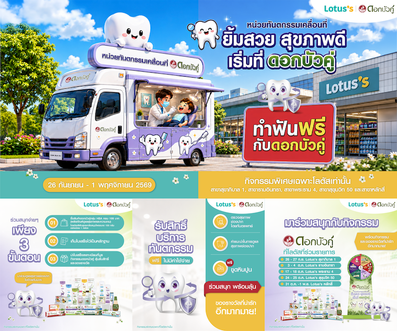 ดอกบัวคู่ จัดกิจกรรมใหญ่ส่งต่อรอยยิ้มสุขภาพดี ซื้อผลิตภัณฑ์ดอกบัวคู่ รับสิทธิ์ตรวจฟัน–ขูดหินปูนฟรี บนรถทันตกรรมเคลื่อนที่ ณ โลตัส 5 สาขา