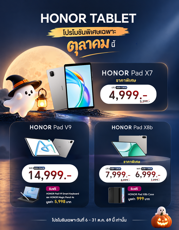HONOR จัดโปรโมชันพิเศษสำหรับผลิตภัณฑ์แท็บเล็ต  มอบส่วนลดและของสมนาคุณ สำหรับรุ่นที่ร่วมรายการ วันนี้ – 31 ต.ค.นี้